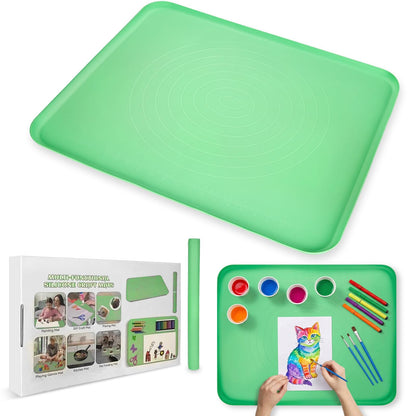 Extra Large Silicone Painting Mat for Crafts, 24”x 19” Waterproof Art Mat for Kids with Raised Sides, Crafts Mat for Paint, Clay Playdough, & Jewelry-Making, Green
