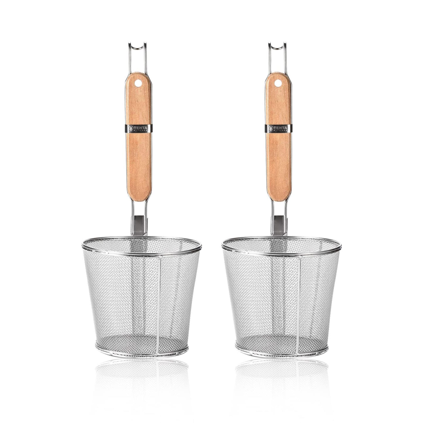 2 Pieces Pasta Strainer Basket Stainless Steel Fine mesh Pasta Strainer Basket with Wooden Handle Good For Boiling Food Spaghetti Dumpling (Dia 5.5inch/14cm)