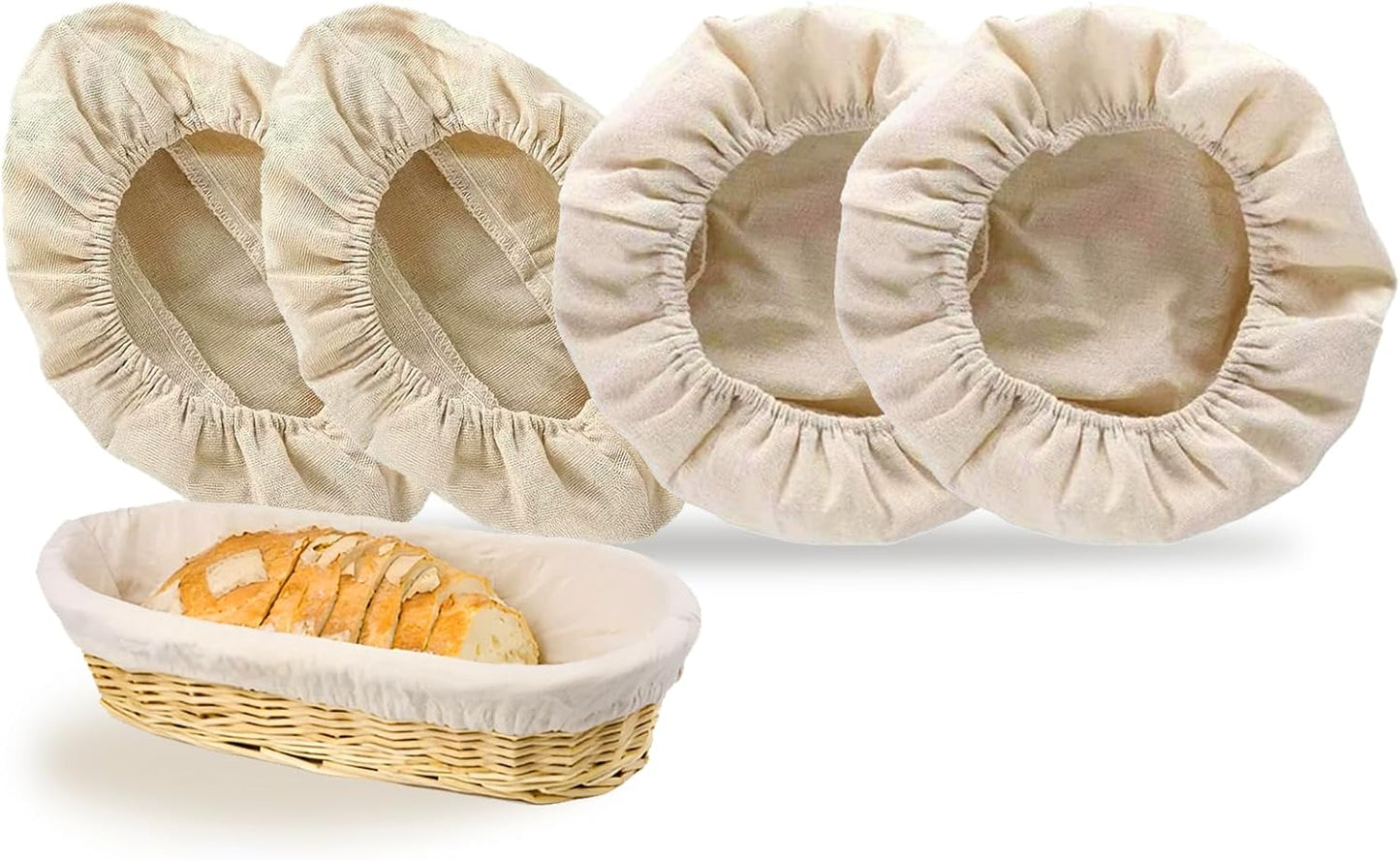 4 Pcs Banneton Bread Proofing Basket Linen Cloth Liners, 10 Inch Round and Oval Baking Dough Basket Cover for Home