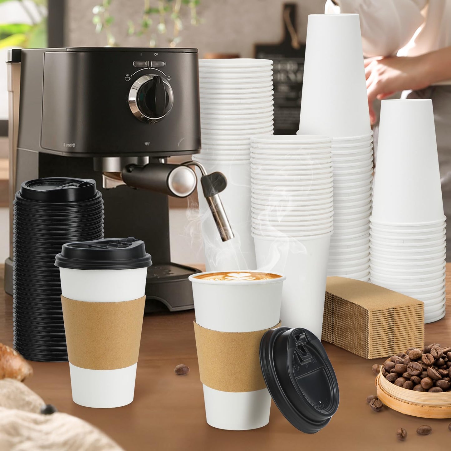 Lamosi 100 Pack 16 oz Disposable Coffee Cups with Lids and Sleeves, Leak-Proof To Go Paper Coffee Cups with Lids, Hot/Cold Beverage White Drinking Cup for Home, Office, Parties, Travel