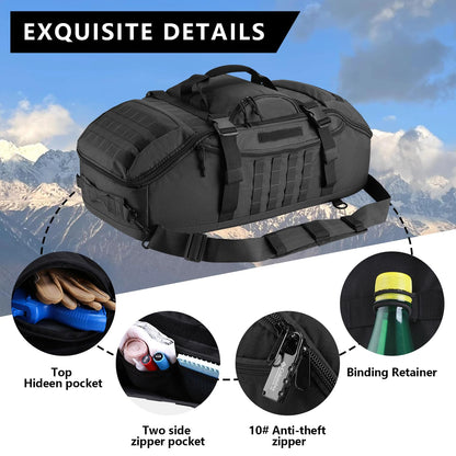 Hannibal Tactical 65L Large Duffle Bag, 3-in-1 Tactical Backpack MOLLE Pack for Sports, Gym, Outdoor, Black