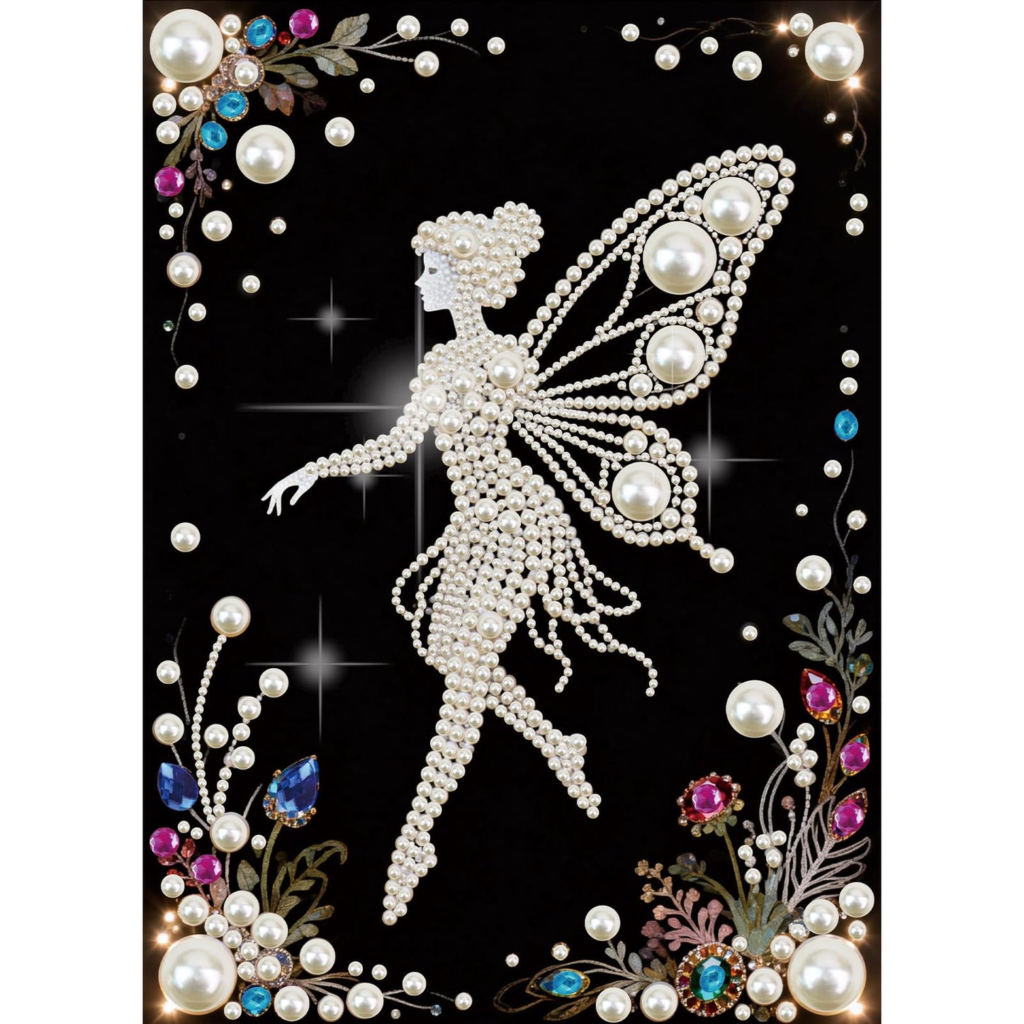 Focart DIY Pearl Diamond Painting Black and White Art Kits, Butterfly Fairy Pattern Round Half Pearls Rhinestones Diamond Dots Paintings Arts Craft Gift Home Decor for Beginners 15.74x11.8in