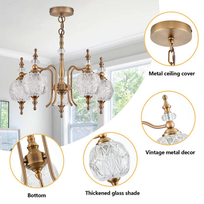 TLOLGT Chandeliers Vintage 5 Lights Brass Glass Pendant Lighting Fixtures Rustic Style Chandelier Matte Brushed Antique Brass Finish with Crystal Glass Shade for Kitchen Island Farmhouse