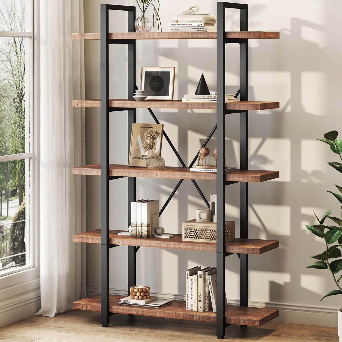 HSH 5 Tier Solid Wood Bookshelf, Natural Real Wood Bookcase, Industrial Rustic Vintage Etagere Bookshelf, Open Metal Farmhouse Solid Wooden Book Shelf, Distressed Brown