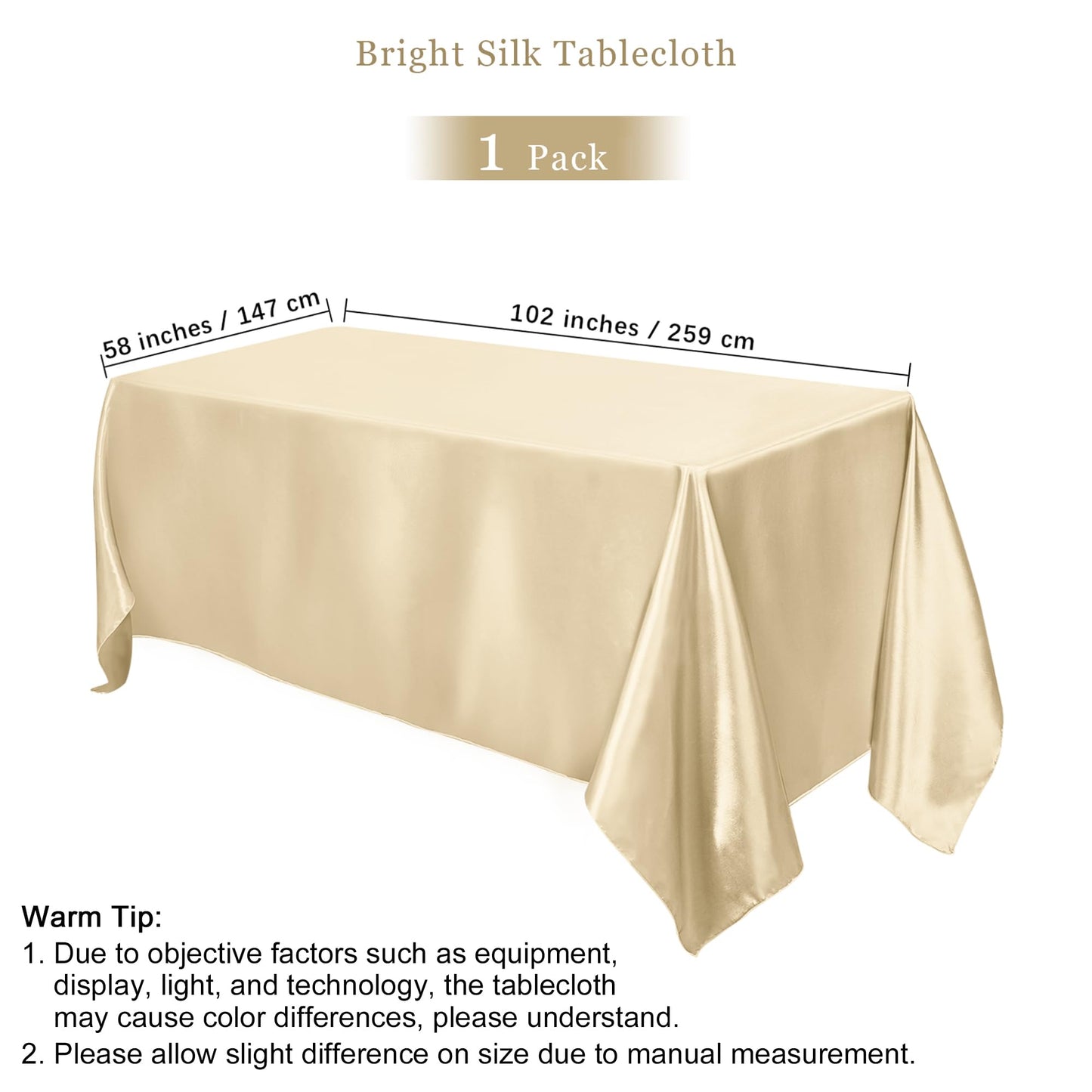TURSTIN 1 Pack Champagne Satin Tablecloth 102 x 58 Inch Overlay Satin Table Cover Rectangle Bright Silk Tablecloth Smooth Fabric Table Decoration for Wedding Banquet Party Events