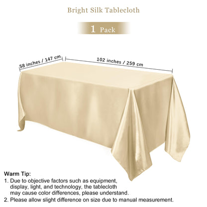 TURSTIN 1 Pack Champagne Satin Tablecloth 102 x 58 Inch Overlay Satin Table Cover Rectangle Bright Silk Tablecloth Smooth Fabric Table Decoration for Wedding Banquet Party Events