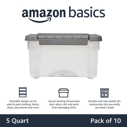 Amazon Basics Plastic Storage Containers with Secure Latching Lids, Stackable Organization Bins for Organizing, Clear/Grey, 5 Quart, Set of 10