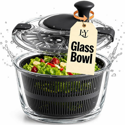 LYTYCJD Large 5.2 Qt Glass Salad Spinner Vegetable Dryer with Drain Microwave Safe Dishwasher Safe with Transparent Lid Crank Handle Quick Spin Greens Washer for Lettuce Herbs Fruits (black)