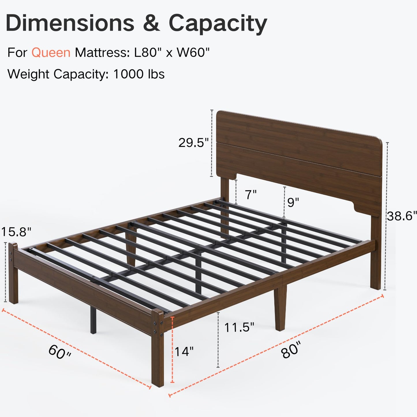Cleaniago 14 Inch High Solid Bamboo Wood Queen Bed Frame with Headboard, Heavy Duty Steel Slat Support, No Box Spring Needed, Easy Assembly