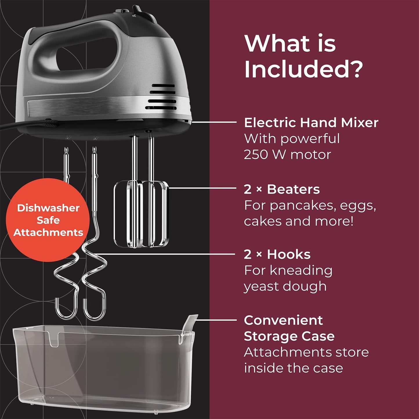 Mueller Electric Hand Mixer, 5 Speed 250W Turbo with Snap-On Storage Case and 4 Stainless Steel Accessories for Mixing