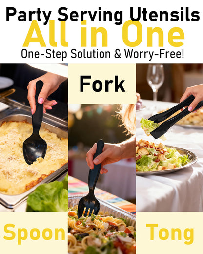 Plastic Serving Utensils 36PCS, Disposable Serving Utensils for Buffets Events Parties - 12 Sets of Heavy Duty Plastic Serving Spoons, Forks, Tongs for Wedding/Birthday/Catering Events (Black)