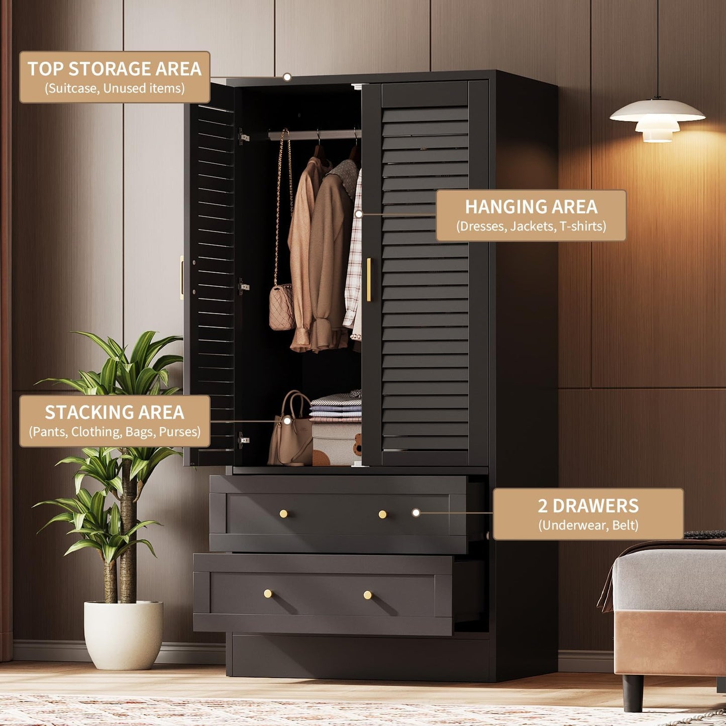Garvee 65" Louvered Armoire Wardrobe Closet with 2 Doors and 2 Drawers, Large Capacity Storage, Wooden Wardrobe Cabinet with Hanging Rod for Bedroom, Cloak Room, Laundry Room, Entrance Hall, Black