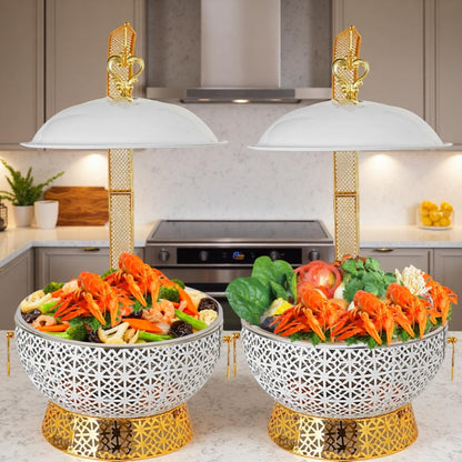8QT White Chafing Dishes for Buffet 4 Pack, Round Stainless Steel Luxury Food Warmer for Parties Buffet, Elegant Hollow-Out Buffet Warmer for Hotel, Weddings, Home Parties, Christmas Gatherings (4)