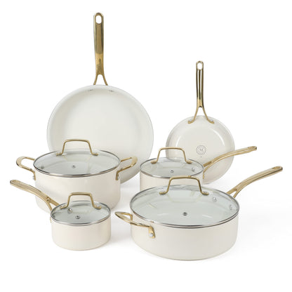 Martha Stewart Lockton Premium Nonstick PFA Free Ceramic Interior 10 Piece Heavy Gauge Enamel Aluminum Pots and Pans Cookware Set - Linen White w/Gold Handle & Gatwick 7 QT Enamel Cast Iron Dutch Oven