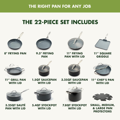 GreenPan Valencia Pro Ceramic Nonstick 22 Piece Cookware Set, Hard Anodized PFAS-Free Pots & Pans, Induction Ready, Compatible on All Cooktops, Dishwasher Safe, Oven Safe to 600F, Gray