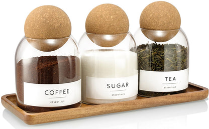 GENSTEUO Glass Jars with Cork Lids, 3 Pack Small Decorative Jars with Acacia Tray, Bathroom Qtip and Cotton Ball Holder Set, Cute Coffee Bar Containers for Sugar Candy Tea, Apothecary Jars (17oz)