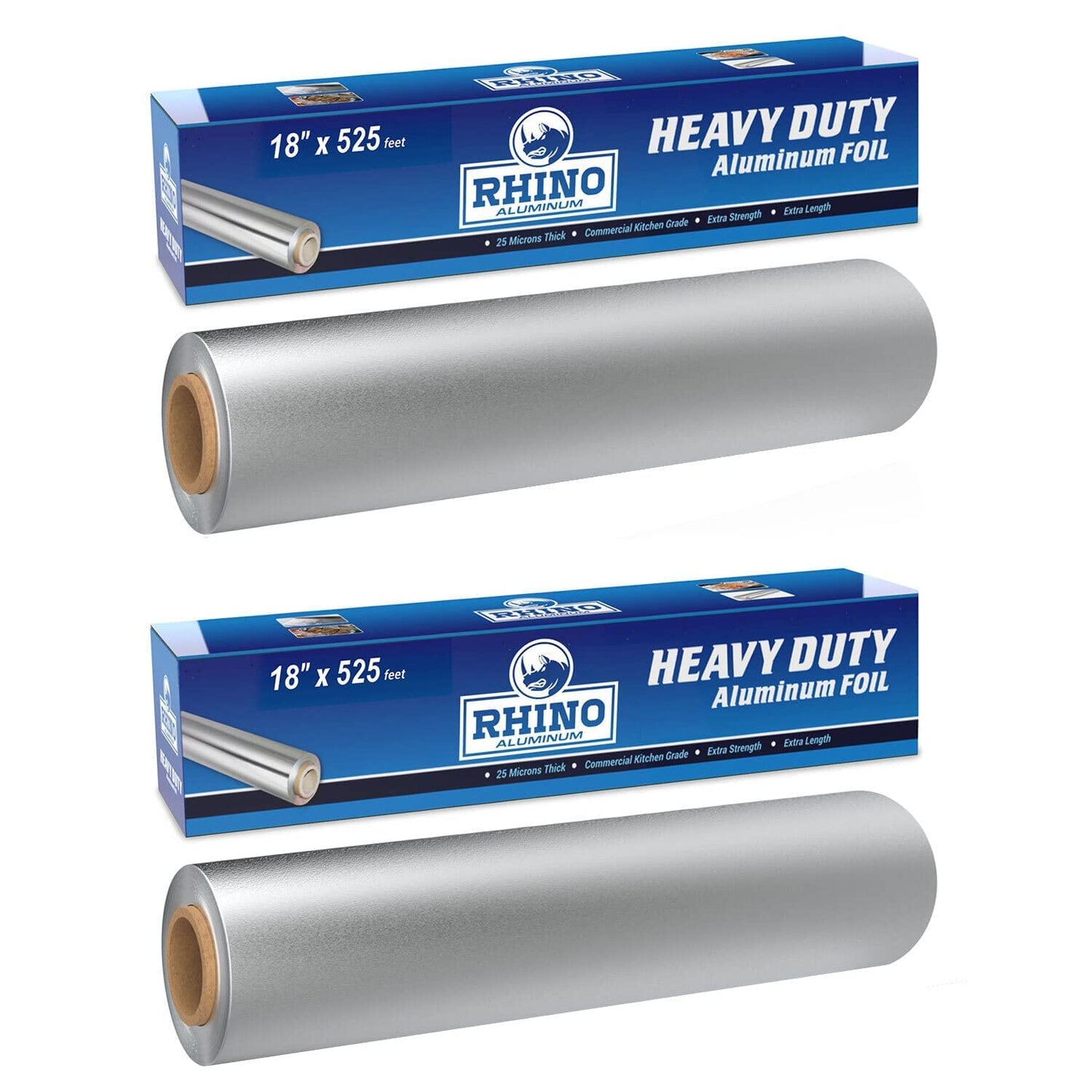 Rhino Aluminum Foil Heavy Duty - 18 x 525 sf, 25 Microns Thick (Pack of 2) Foil Aluminum Roll - Commercial Grade & Extra Thick, Strong Enough for Food Service Industry