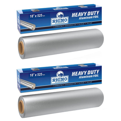 Rhino Aluminum Foil Heavy Duty - 18 x 525 sf, 25 Microns Thick (Pack of 2) Foil Aluminum Roll - Commercial Grade & Extra Thick, Strong Enough for Food Service Industry