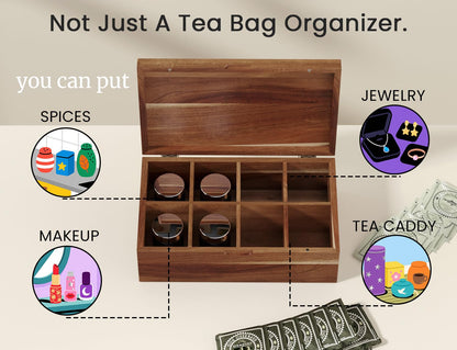 Danfoxer Acacia Wood Tea Bag Organizers, Tea and Sugar Packet Storage Chest with Lid, Wooden Teabag Holder Containers,Tea Box with 8 Compartments