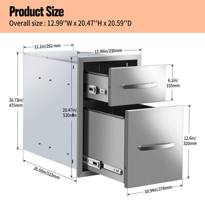 RAILEN Outdoor Kitchen Drawers 13" W x 20" H x 21" D Built-in BBQ Drawer Stainless Steel Access Drawers for Outdoor Kitchen Island or Grill Station