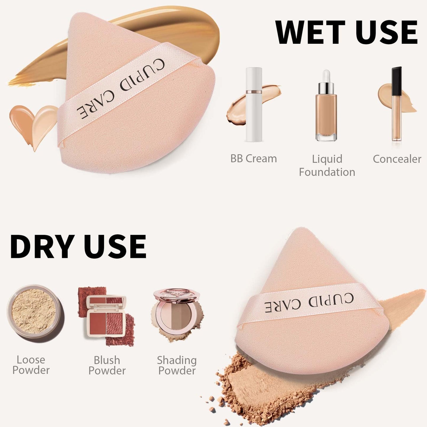 6 Pcs Triangle Powder Puff with 2 Travel Cases, Setting Powder Puffs for Face, Velour Makeup Puff for Loose Powder Body Powder, Blender Sponge Foundation Blending Sponges Beauty Tools