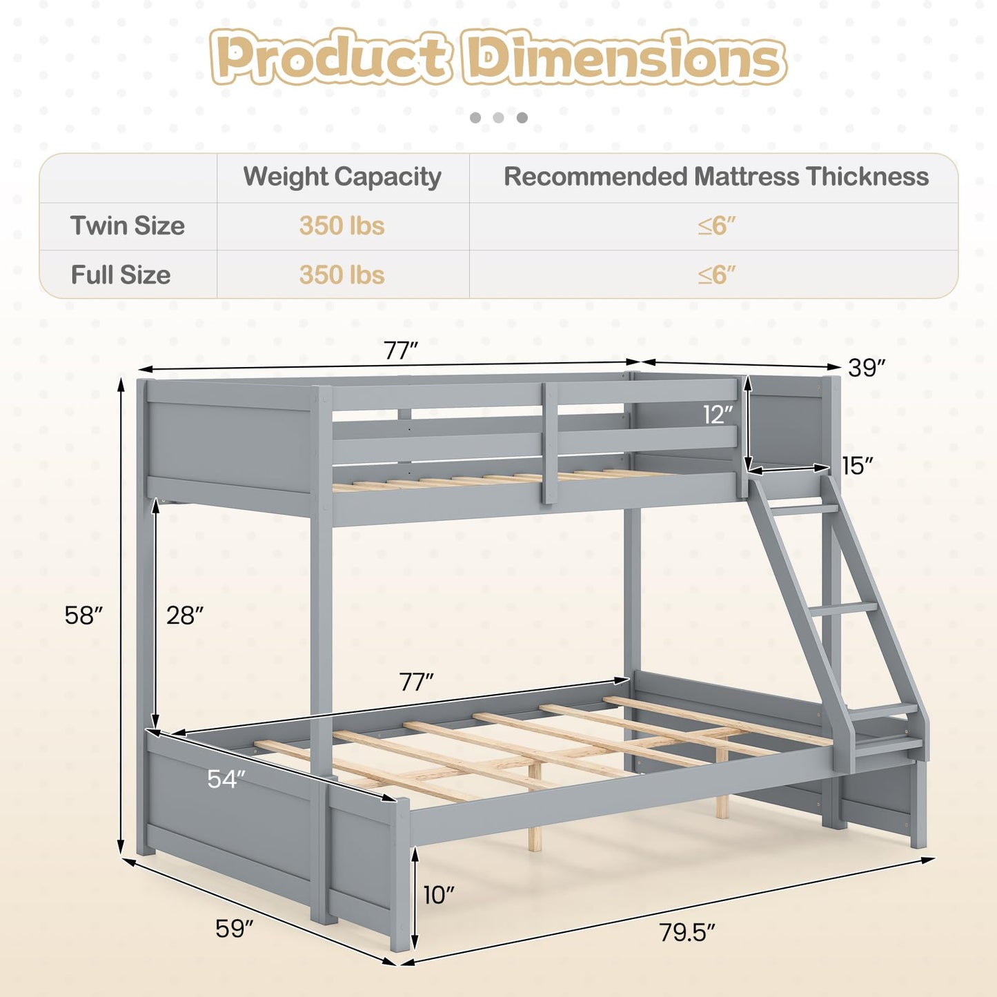 KOMFOTT Twin Over Full Bunk Bed, Pine Bed Frame with 3-Step Ladder, Full-Length Guardrails & 21 Wooden Support Slats, Solid Wood Bunk Bed for Teens, Kids, Adults, Dorms and Apartments (Grey)