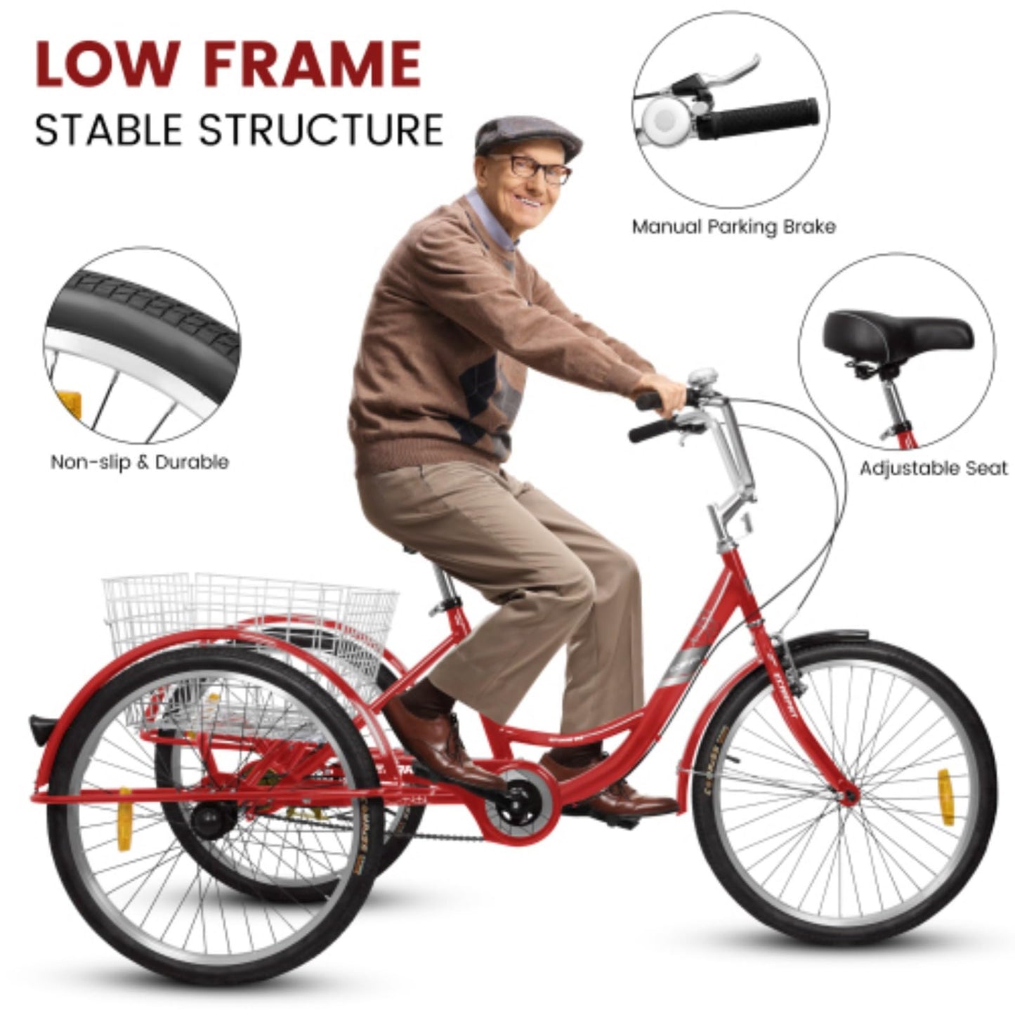 RENPINYOUX Tricycle, Adult Tricycle, 24" Tricycle with Shopping Basket, 350 Lb Capacity, Easy to Install, Suitable for Seniors, Women and Men
