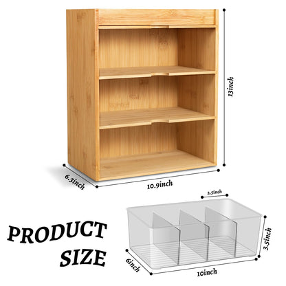 TIMIEEYA Tea Bag Organizer - Bamboo Tea Storage With Drawer 3 Layer, Organizer for Tea Bags Natural Wood & Acrylic for Countertop Office Kitchen Cabinet Pantry