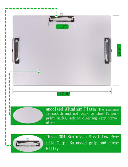 Three-Clip Landscape Clipboard,Metal Clip Board with Pen Holder,11x17 Inche Aluminum Clipboards,Classroom Must Haves Sketch Board,Drawing Clipboard for Artists