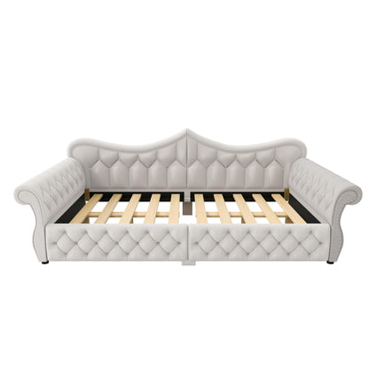 Merax Queen Size Upholstered Daybed with LED Lights, Convertible Sofa Bed, Tufted Daybed with Nailhead Trim, Wooden Frame Guest Bed for Living Room Bedroom, Beige