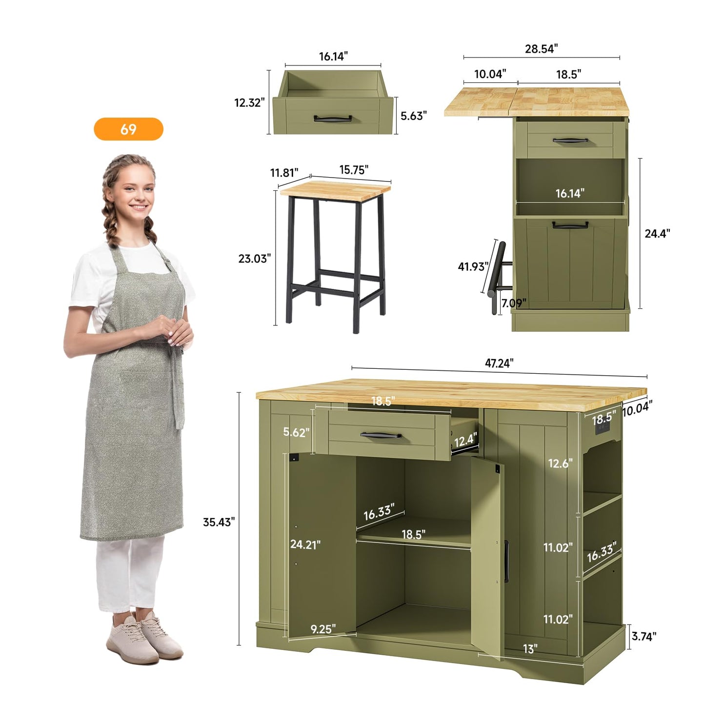 ONBRILL Stationary Kitchen Islands Include 2 Chairs, 47" Kitchen Island with Drop Leaf, Home Bar Table with Spice Rack & with Trash Cabinet, Island Table for Dining Room with Power Outlet, Green
