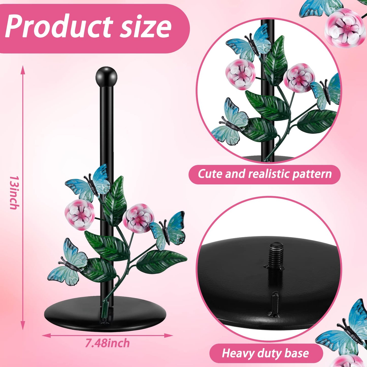 Peryiter Paper Towel Holder Countertop Decorative Metal Paper Towel Stand Rack Kitchen Standing up Roll Dispenser with Base for Kitchen Bathroom Tabletop Living Room Decoration(Butterfly)