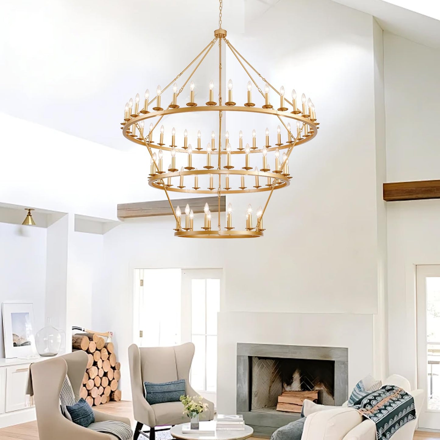 QJMPP 3 Tier Gold Wagon Wheel Chandelier,Extra Large 60-Inch 72-Light Circle Light Fixture,Round Chandeliers for Foyer Entryway Dining Room Living Room High Ceilings