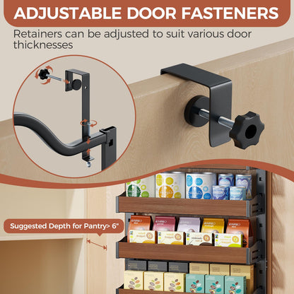 Freexployer 8-Tier Spice Rack Wall Mount, Heavy-Duty Over the Door Pantry Organizer with Wooden Adjustable Basket, 2 IN 1 Wall Mount or Hanging Pantry Door Organizer,Door Spice Rack for Pantry, Black
