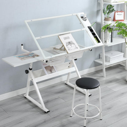Garvee Drafting Table w/Stool, Height Adjustable Drawing Table, Multifunctional Art Craft Paintings Work Station w/2 Storage Drawers, 0-75° Tilting Glass Tabletop for Home Office, White