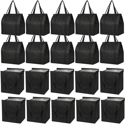 VZZNN 20 Pack Insulated Grocery Bags Bulk, Reusable Shopping Bags with Sturdy Zipper & Handles, Large Foldable Washable Thermal Cooler Totes for Hot Cold Food Transport, Travel & Lunch(Black)