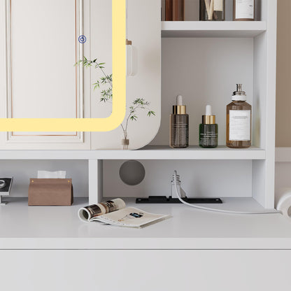 GOCAPTAIN Vanity Desk Makeup Vanity Table with Slides Mirror LED Lights 3 Intensities, Dressing Table Set with Stool, 5 Storage Shelves 2 Drawers, Plugboard and Hanger, 15.8" x 39.4" x 54.3"