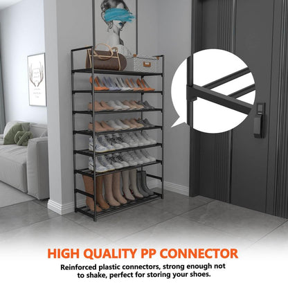 Hsscblet 8 Tiers Metal Shoe Rack,Adjustable Shoe Shelf Storage Organizer with Hooks,Stackable Boot & Shoe Storage,for Entryway,Hallway,Closet,Black