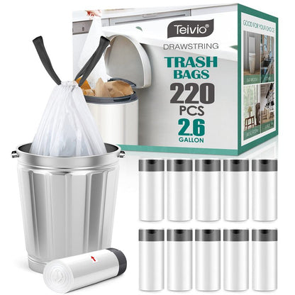 2.6 Gallon 220 Counts Strong Drawstring Trash Bags Garbage Bags by Teivio, Bathroom Bin Liners, 2,2.5,3 Gal Small Plastic Bags for home office kitchen, fit Code R 10 Liter Trash Can