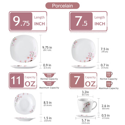 VEWEET Annie Porcelain Dinnerware for 6, 30-Piece Pink Floral Dish Set With Plates and Bowls Including Dinner, Dessert, Soup, Cups & Saucers