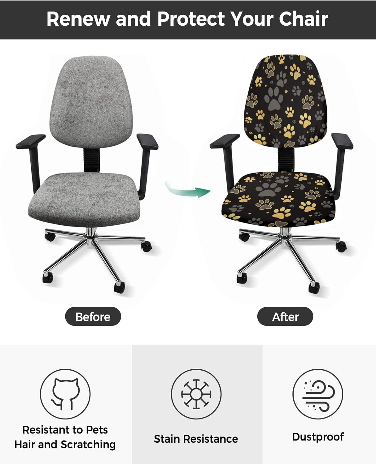 Computer Office Chair Cover, Yellow Paw Print on Black Background, Protective & Stretchable Desk Chair Slipcover