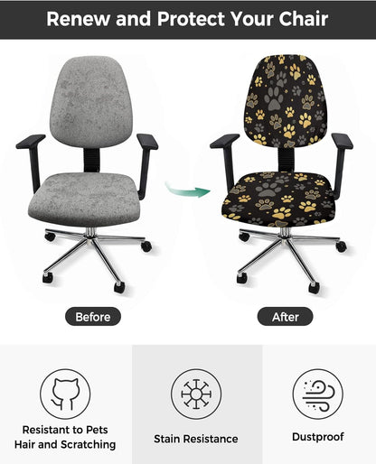 Computer Office Chair Cover, Yellow Paw Print on Black Background, Protective & Stretchable Desk Chair Slipcover