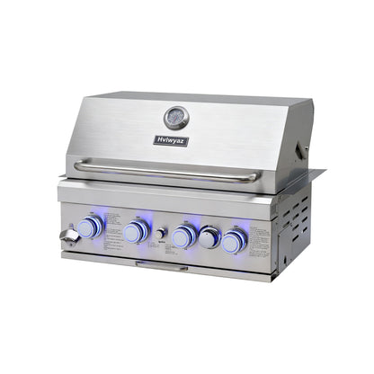 28-inch Built In Gas Grill Outdoor, 4Burner Propane Grill with Rear Burner 48,000BTU, Built-in BBQ Grill Stainless Steel, Charcoal and Propane Gas Dual Fuel, with Rain Cover for Outdoor Kitchen Island