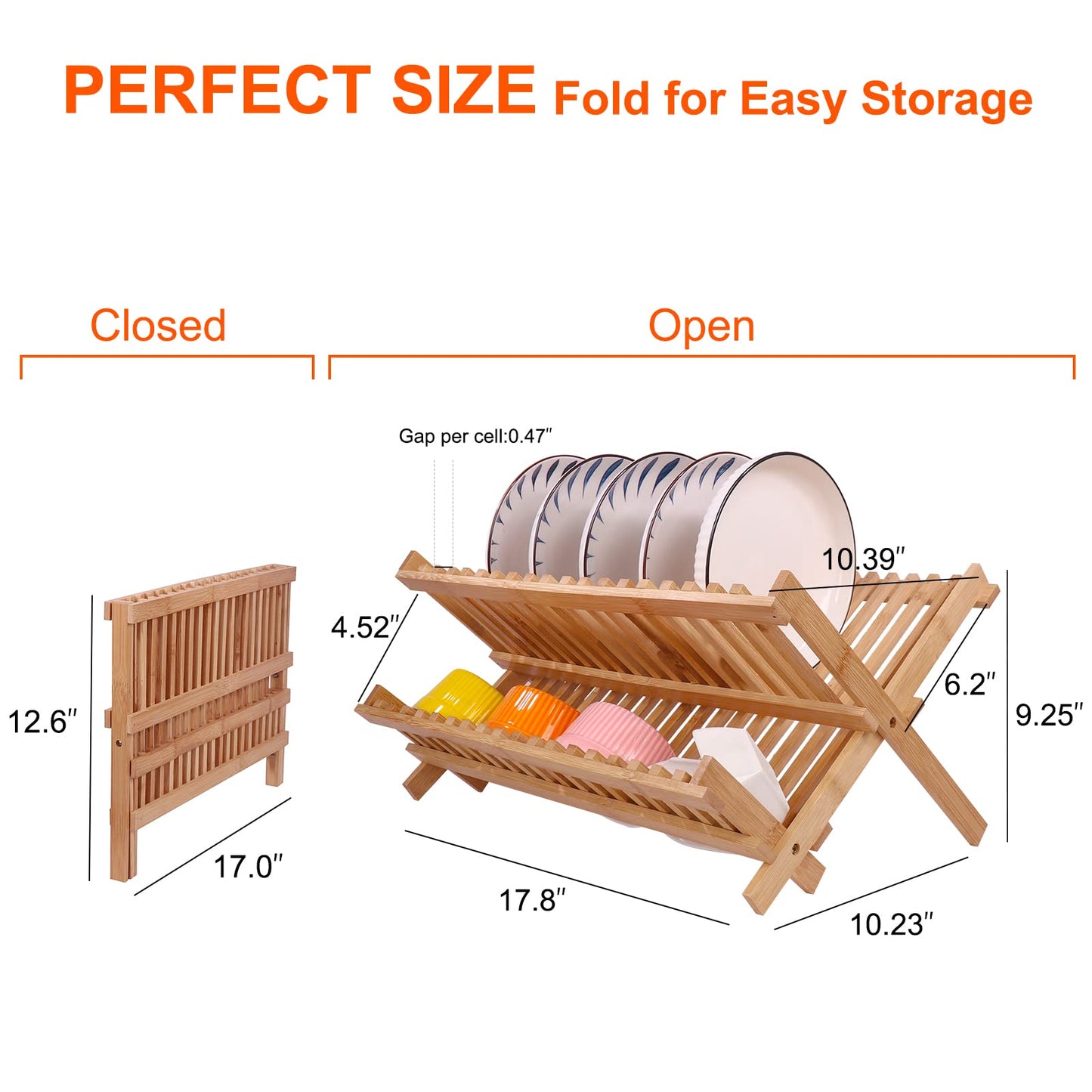 SZUAH Collapsible Bamboo Dish Drying Rack - 2 Tier Space Saving Kitchen Counter Organizer, Holds 19 Plates, Bowls & Utensils (17.8"x10.23"x9.25")