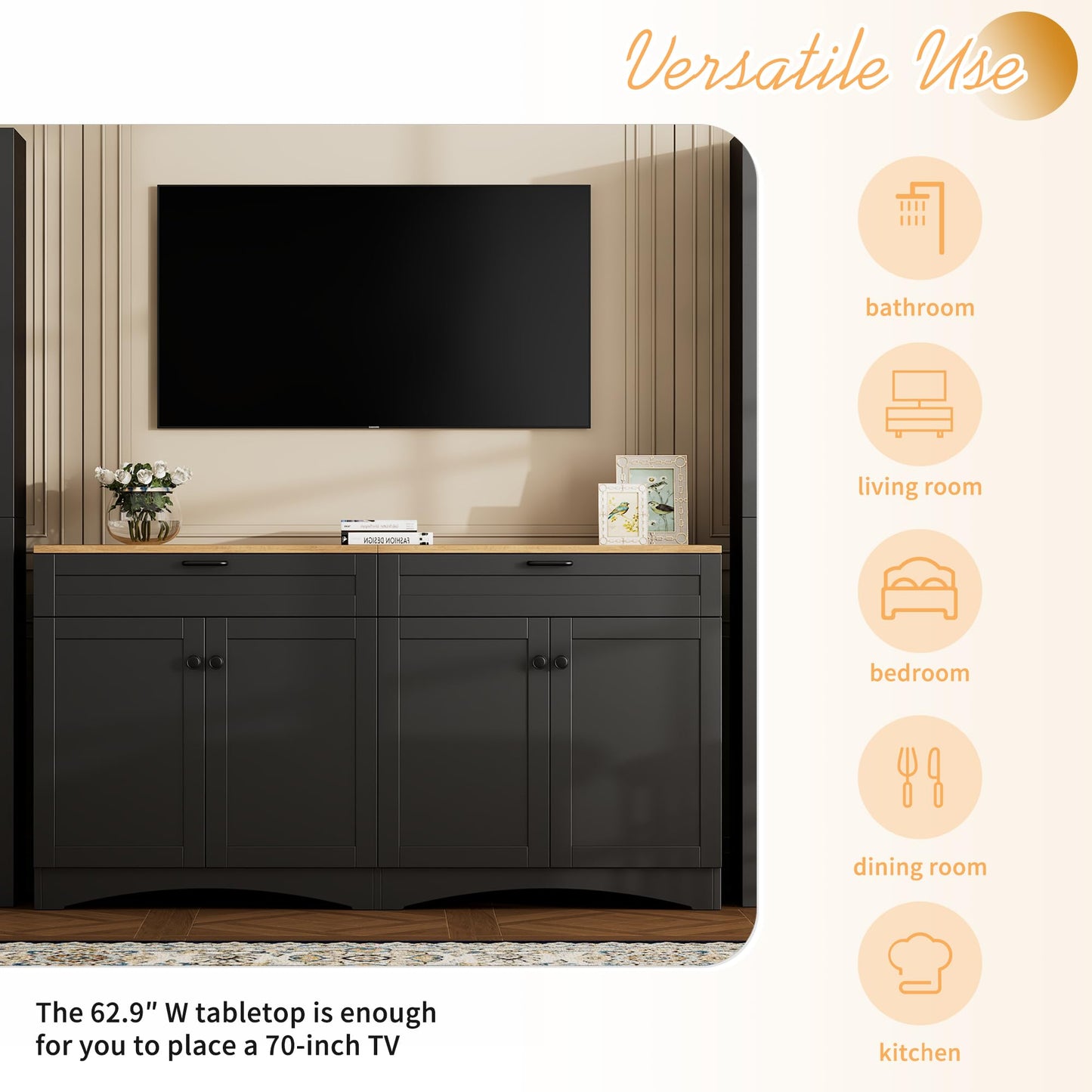 Merax Modern TV Stand Consoles for TVs up to 70'', Mid-Century Solid Wood Entertainment Center with Storage Cabinets, Practical Media Console for Living Room, Bedroom, Black