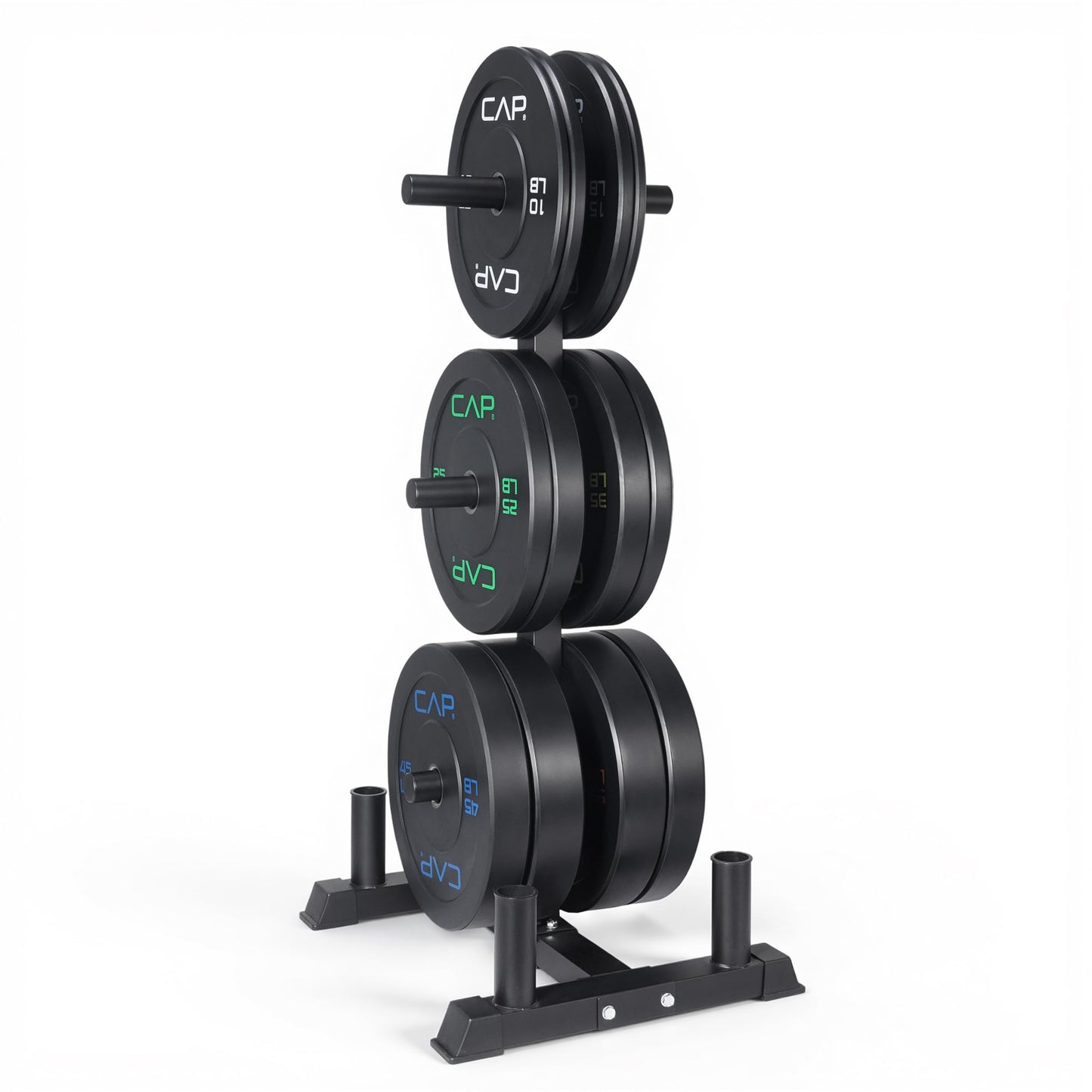 CAP Barbell 370 lb Economy Olympic Plate Set with Traditional Plate Rack & Barbell Storage | 6 Weight Posts + 4 Barbell Holders
