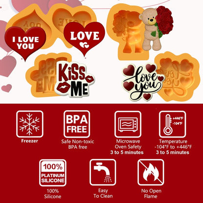 Valentines Day Silicone Molds – 4- Piece Set with Bear, Hearts & Love Phrases | Silicone Valentines Molds for Chocolate, candy, Fondant, Resin, perfect size for chocolate covered strawberries.