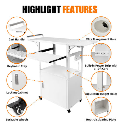 Large Steel AV Cart with Wheels and Drop Leaves, Height Adjustable AV Cart with Locking Cabinet and Power Strips, Rolling Computer Workstation with Pullout Keyboard Tray for Office & Classroom