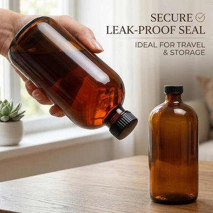 2 Pack 1000ml (32oz) Amber Glass Boston Round Bottles with Black Screw Caps - Empty Refillable Brown Glass Bottles for Essential Oils, Lab Chemicals, Cosmetics, Cleaning Solutions & Homemade Products