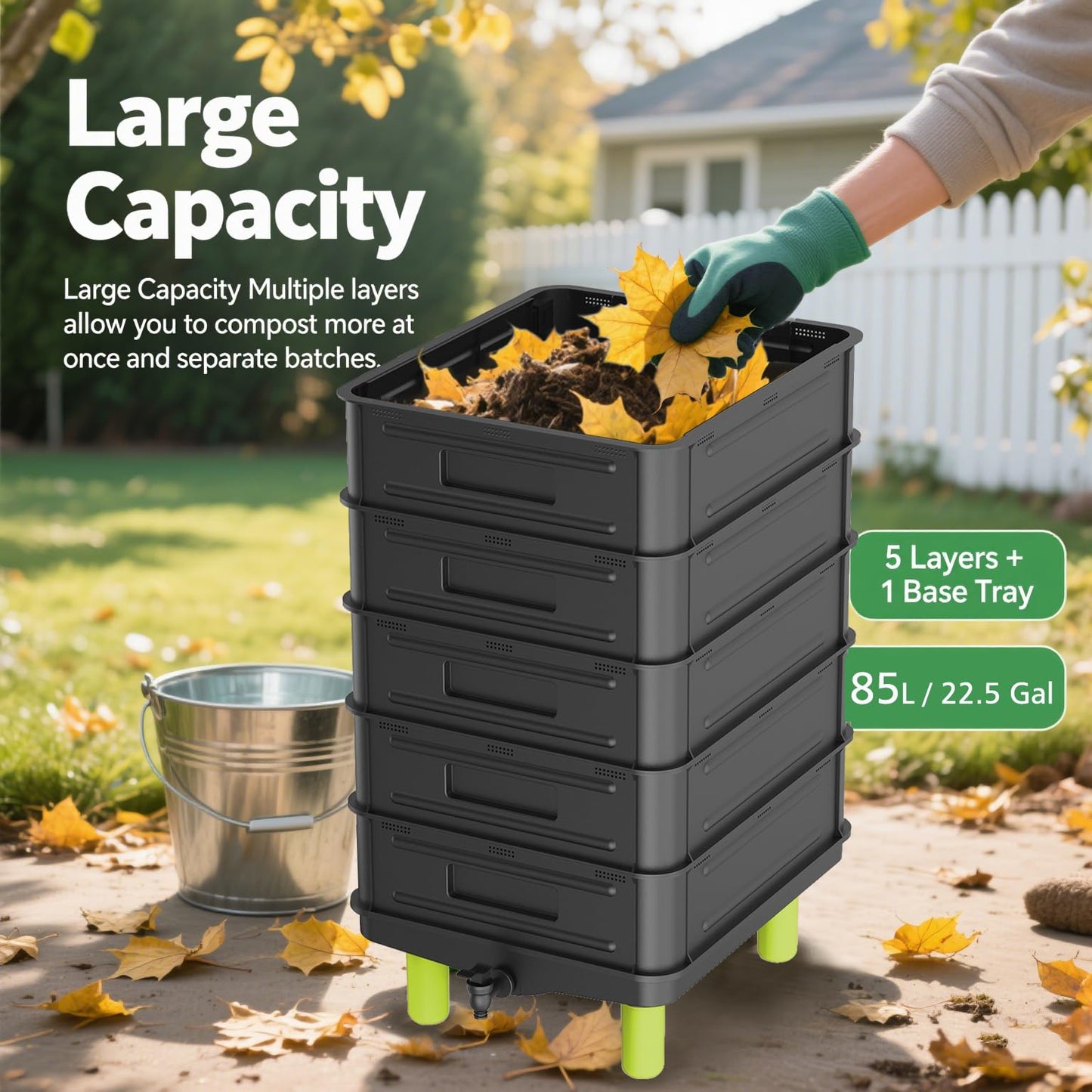 TOP XIAN 5-Layer Worm Compost Bin, 85L Worm Composter for Indoor & Outdoor, Starter Kits for Vermicomposting Starter, Garden Worm Composting Bin for Recycling Food Waste (Black)